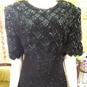 Laurence Kazar Black Beaded Evening Dress